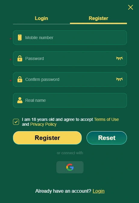 VC999 account registration form interface for BD players